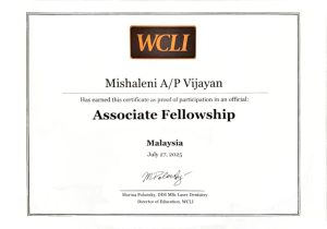 Awarded Associate Fellowship by the World Clinical Laser Institute (WCLI), Malaysia, July 2025